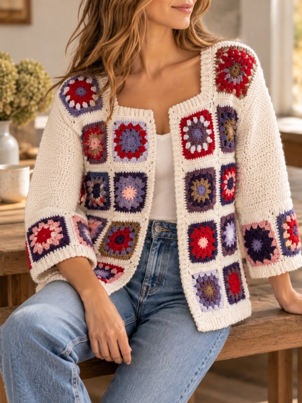 Crochet Granny Square Knit Oversized Cardigan Sweater Bode Inspired Medium/Large